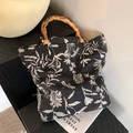 Sac fourre-tout en toile noir et blanc avec poignées en bambou et motif de feuilles - Noir