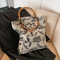 Sac fourre-tout en toile avec poignée en bambou et imprimé libellule sur cuir noir - Gris