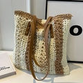 Borsa tote in paglia a righe marroni e beige con robusti manici in pelle spessa - Bianco Sporco