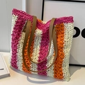 Sac fourre-tout en paille rayée rose et orange avec anses en cuir pour la plage - Rouge Rose