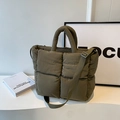 Quilted olive green puffer tote bag with adjustable shoulder strap and padded top handles - Green