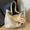 Grande borsa shopper bianco crema minimalista con cuciture verticali e ciondolo peluche - Con Ornamento / Bianco Sporco