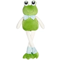 Cute green plush frog with long limbs and a blue plaid bow tie sitting on white background - Sitting Long-Legged Frog Doll