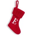 Red knit Christmas stocking with white embroidered letter E and ribbed cuff hanging loop - Letter E