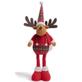 Stehende Weihnachts-Rentierpuppe aus rotem Plüsch mit festlichem rot-grünem Karomuster - Männlicher Stil (Karierte Latzhose)