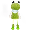 Cute green long-legged frog plush toy wearing a blue checkered scarf in a sitting pose - Standing Frog Doll