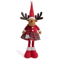Cute Christmas reindeer doll in red knit hat and plaid skirt standing on white background - Female Style (Plaid Skirt)