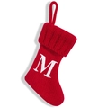 Red knitted Christmas stocking with white embroidered letter M and hanging loop - Letter M