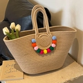 Straw tote bag with colorful pom-poms for beach vacation and summer travel - Beige (Multi-Color Pom Poms)