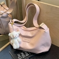 Sac fourre-tout plissé en cuir PU rose avec étiquette mode et charm ours en peluche - Rose Avec Pendentif