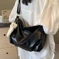 Black pleated tote bag in matte PU leather with a cute white plush bear pendant accessory - Black With Pendant