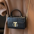 Chic black crocodile embossed mini handbag with gold chain strap and rotary lock - Black