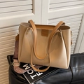 Off-white large tote bag with brown handles and a geometric patterned wide strap - Apricot