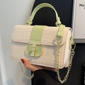 Elegant beige crocodile texture small crossbody bag with green handle and chain - Green