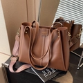 Brown leather tote bag with wide herringbone strap and crossbody option for work - Brown