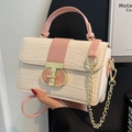 Cream white and pink crocodile texture chain bag with elegant gold metal lock clasp - Pink