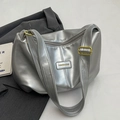 Silver metallic pleated tote bag with adjustable shoulder strap and fashion brand plate - Silver Without Pendant