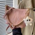 Pink pleated bucket bag with gold chain handle and a cute plush doll keychain - Pink