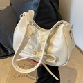 Sac hobo plissé beige chic pour femme avec nœuds élégants et bandoulière épaisse - Blanc Cassé