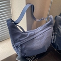Minimalist fog blue nylon crescent crossbody bag with adjustable wide fabric strap - Blue