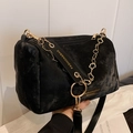 Borsa Boston in velluto nero con catena floreale dorata e tracolla con logo - Pelle PU Nera