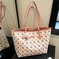 Grande borsa tote crema con motivo a cavalli marroni, manici in pelle rosa e fiocco - Rosa