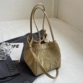 Minimalist khaki pleated bucket bag with vintage wrinkled texture and dual straps - Khaki