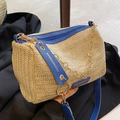 Straw Boston bag with blue leather trim and golden chain strap for summer style - Straw Woven Blue