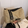 Beige straw Boston bag with black leather trim and floral gold chain strap - Woven Black