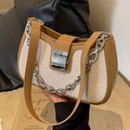 Französische Vintage-Beigewebte Unterarmtasche mit kamelfarbenem Leder und Kette - Khaki