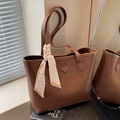Brown tote bag in textured leather with a chic triangle patch and a DG printed silk scarf - Brown