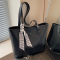 Classic black leather tote bag with signature triangle plaque and DG logo scarf detail - Black