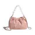 Pale pink pleated cloud bag with elegant white pearl handle and gold chain strap - Pink
