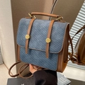 Minimalistische rugzak van blauwe denim en bruin leer met gouden klinknagels - Blauw