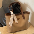 Large khaki tote bag with dark brown trim and decorative geometric scarf detail - Khaki