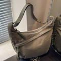 Olive green nylon crescent hobo bag with braided zipper detail and wide strap - Gray