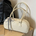 Borsa sottobraccio cilindrica bianco crema in pelle craquelé con fiocco a quadretti - Bianco Sporco