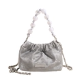 Silver pleated cloud bucket bag with large pearl bead handle and silver metal chain - Silver