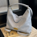 Light grey-blue large hobo tote bag with matte texture and gold hardware for women - Blue