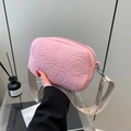 Pink crossbody camera bag with embossed floral leather and geometric jacquard strap - Pink