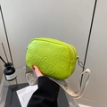 Neon green crossbody camera bag with embossed rose pattern and wide jacquard strap - Green