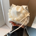 White pleated cloud bucket bag with large matte bead handle and silver chain strap - Off White