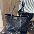 Large black crinkle texture tote bag with thin double straps for women in daily casual style - Black