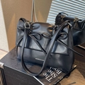 Elegant black pleated shoulder bag with double bow decoration and adjustable strap - Black