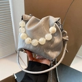 Light blue pleated cloud bag with large white bead handle and silver chain strap - Silver