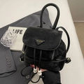 Black vintage leather bucket backpack with drawstring and white bead charms - Black without Pendant