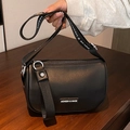 Fashionable black crossbody bag with wide logo strap and silver metal decoration - Black