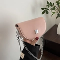 Pink faux leather saddle bag with silver chain strap and square buckle detail - Pink