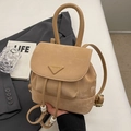 Mini khaki bucket backpack in matte microfiber leather with drawstring and top handle - Khaki No Pendant