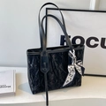 Black crinkled texture tote bag for women with a fashion silk scarf handle decor - Black